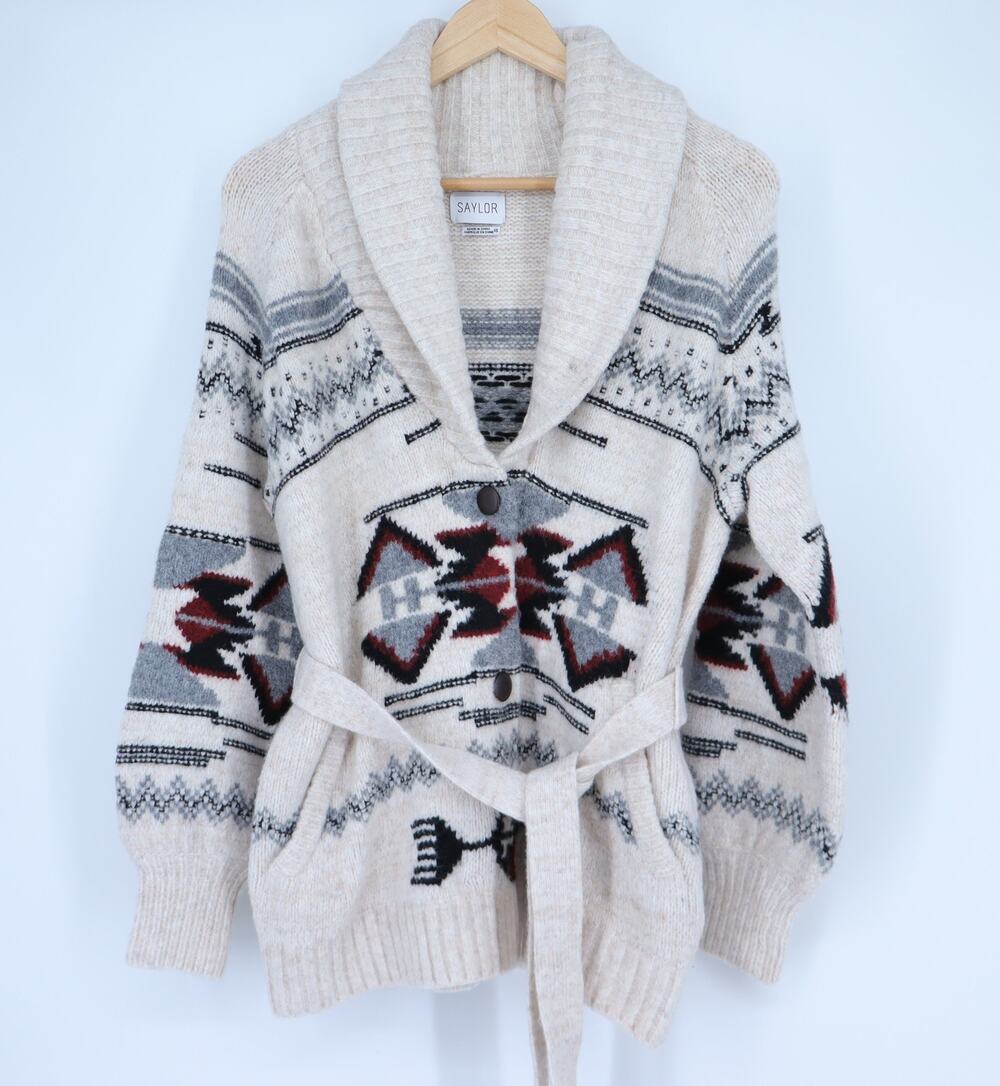 Saylor Vanisha Belted Sweater Cardigan Oatmeal Cabin Print Women's XS